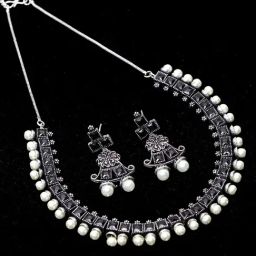 Panash Silver Plated White & Black Artificial Stone Studded Oxidized Handcrafted Jewellery Set-10