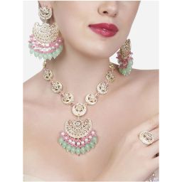 Zaveri Pearls Pink & Green Cluster Beads Drop Kundan Crescent Necklace Earring & Ring Set-ZPFK13539 image 4