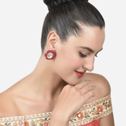 Zaveri Pearls Rani Pink Crystal Beads Clustered Kundan Studs Earring-ZPFK15225 image 4
