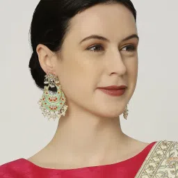 OOMPH Mint Green Meenakari with Kundan Lotus Design Chand Bali Earrings image 2