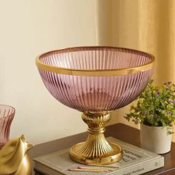 Pure Home and Living Pink & Gold Glass Ribbed Decorative Bowl With Stand-image-3