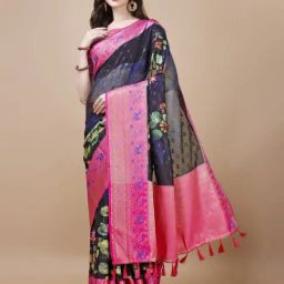 JUST FASHION Navy & Pink Silk Printed Saree With Unstitched Blouse-image-62