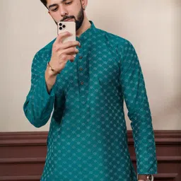 PulseIQ Men Teal Cotton Blend Kurta Sets-picture-53