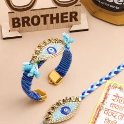 NVR Blue Evil Eye & Kundan Studded Handcrafted Bhaiya Bhabhi Rakhi Combo-20