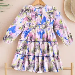 Bella Moda Girls White Cotton Three Fourth Balloon Sleeves Floral Printed Dress-picture-5