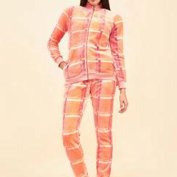 Sweet Dreams Peach Check Front-Open Sweatshirt With Pants-image-15
