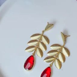Johori Leaf Red & Golden Dangler Earrings-image-95