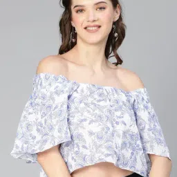 Oxolloxo White & Blue Cotton Floral Print Crop Top-image-114