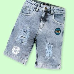 Kiddopanti Boys Blue Denim Tropical Paradise Printed Distress Shorts With Surf No.1 Dude Badge-picture-30