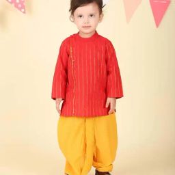 Fabindia Boys Red Solid Full Sleeves Dhoti Set-image-3