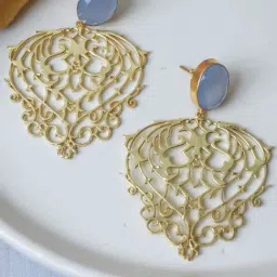 Johori Heart Shape Blue & Golden Dangler Earrings-image-62