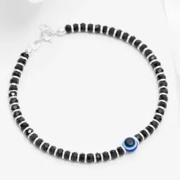 Zavya Black Beads with Evil Eye 92.5 Silver Bold Bracelet in Silver Chain-image-14