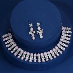 Fida Cute Pink Silver-Plated Floral American Diamond Studded Party Wear Alloy Necklace Set for Women-1