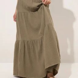 Nuon by Westside Olive Crinkle-Textured Tiered High-Rise Cotton Skirt-image-88