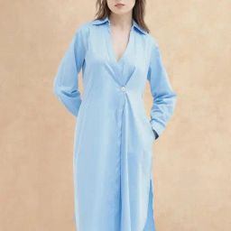 RAREISM Blue Cotton Solid Long Sleeves Dress-image-91