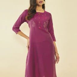 Soch Maroon Silk Blend Botanical Foil Print Straight Kurta-image-86