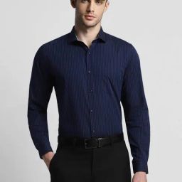 Peter England Navy Slim Fit Striped Shirt-image-44