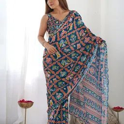Thishma Ethnic Motifs Printed Mirror Work Saree-image-68