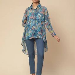 aarke Ritu Kumar Blue Floral Print Shirt With Camisole-image-27