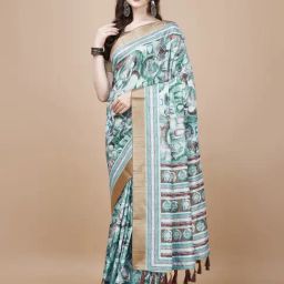 JUST FASHION Blue Silk Printed Saree With Unstitched Blouse-image-96