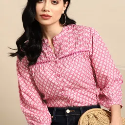 all about you Ethnic Printed Puff Sleeves Pleated Detail Top-image-65