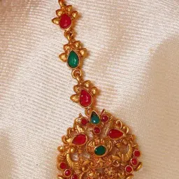 Aatmana Gold-Plated Red & Green Stone Studded Peacock MaangTikka for Women-image-31