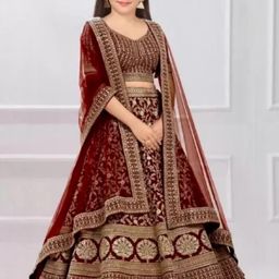 F Plus Fashion Girls Embellished Maroon Semi-Stitched Lehenga Blouse With Dupatta-image-10