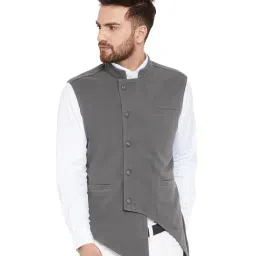 Hypernation Grey Solid Slim Fit Sleeveless Waistcoat-image-37
