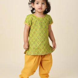 Fabindia Kids Green with Yellow Floral Print Kurta with Salwar-17