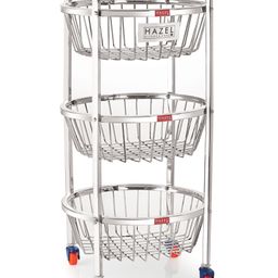 HAZEL Stainless Steel Fruit Vegetable Basket Kitchen Storage Trolley Rack Round Stand with Wheel, 3 Layer, 14.2 x 24.4 Inches-image-31