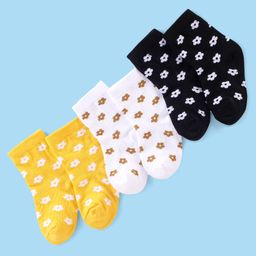 Cute Walk By Babyhug Antibacterial Socks With Floral Print Pack Of 3 - White Black & Yellow-image-67