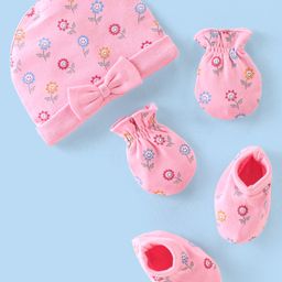 Babyhug 100% Cotton Knit Cap Mittens & Booties Set with Floral Print - Pink-image-73