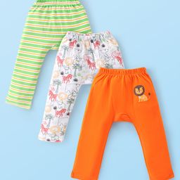 Babyhug Cotton Knit Full Length Striped & Lion Print Diaper Pants Pack of 3 - Orange White & Green-91
