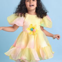 Mark & Mia Woven Half Sleeves Frock With Floral Applique - Yellow-image-34