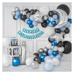 Bubble Trouble 1st Birthday Decoration kit for Boys with Star & Moon Foil Balloons Blue Silver White Black Pack of 95-49