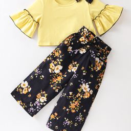 CrayonFlakes Cotton Three Fourth Bell Sleeves Bow Applique Detailed Top With Floral Printed Palazzo Set - Yellow-12