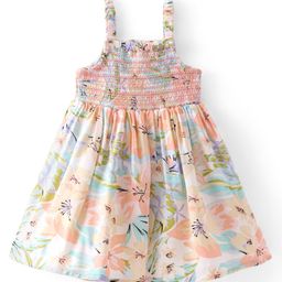 Babyhug Rayon Sleeveless Smocking Frock Floral Print - White-image-93