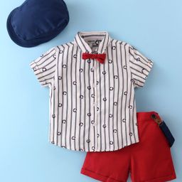 ToffyHouse 100% Cotton Half Sleeves Printed Shirt & Shorts Set with Suspenders & Hat - Red-picture-12