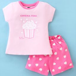 Evimo Single Jersey Knit Half Sleeves Night Suit With Popcorn Print - Pink-picture-13