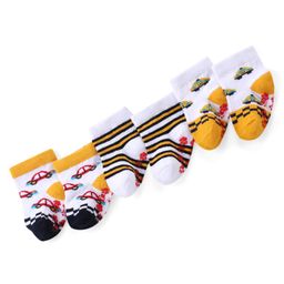 Cute Walk by Babyhug Anti Skid Ankle Length Antibacterial Knitted Striped & Car Design Socks Pack Of 3 - White & Yellow-image-74