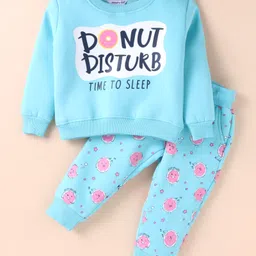 Smarty Girls Fleece Woven Full Sleeves Winter Night Suit with Text Print - Light Blue-picture-5