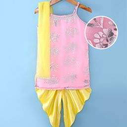 Saka Designs Satin Woven Sleeveless Foil Printed Kurta Dhoti Set with Dupatta - Pink & Yellow-image-32