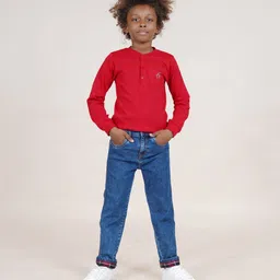 Kiddopanti Cotton Full Sleeves Solid Henley Neck Tee & Denim Jeans - Red & Dark Blue-picture-0