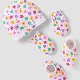 Babyhug 100% Cotton Cap Mittens And Booties Floral Print with Bow Applique - lavender-image-7