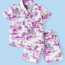 Babyhug Rayon Knit Half Sleeves Shirt & Shorts Co-Ord Set With Beach Theme Print - White-image-76