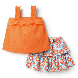 Babyhug Single Jersey Knit Sleeveless Top and Skirt Set with Floral Print - Orange & Blue-image-92