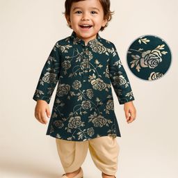 EARTHY TOUCH Single Jersey Knit Full Sleeves Floral Foil Printed Kurta Dhoti Set - Green-picture-19