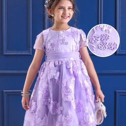 Mark & Mia Woven Half Sleeves Party Dress with Floral Design - Purple-image-58