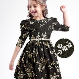 Hola Bonita Woven Three Fourth Sleeves Party Dress With Floral Foil Print & Belt - Black-image-12