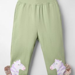 Little Kangaroos Cotton Knit Full Length Leggings with Unicorn Print & Applique - Olive Green-image-50